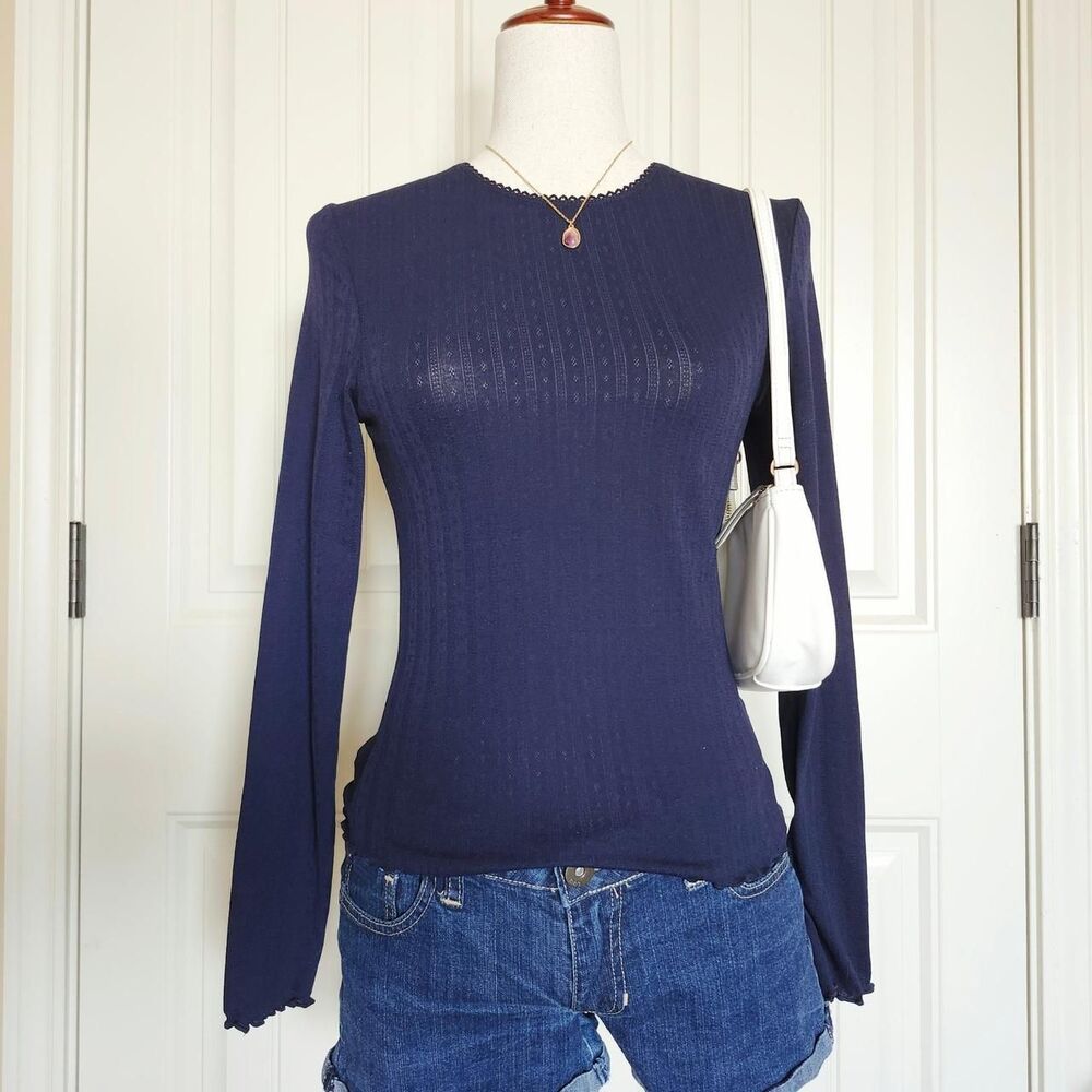 H&M Women's Navy Blue Pointelle Soft Long Sleeve Top